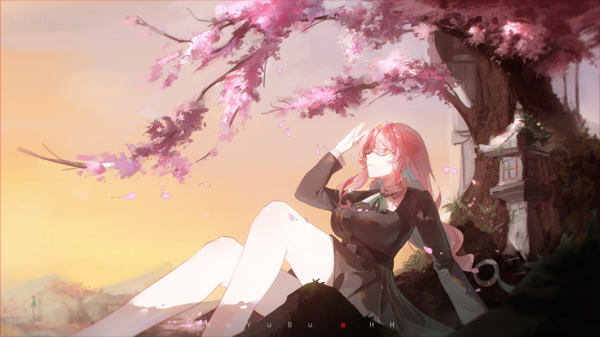1girl, absurdres, alternate_costume, artist_name, black_jacket, black_skirt, cherry_blossoms, chinese_commentary, earrings, glasses, hair_between_eyes, highres, jacket, jewelry, long_hair, long_sleeves, looking_up, muyu_bu_huahua, outdoors, parted_lips, pink_eyes, pink_hair, pink_petals, ring_hair_ornament, shadow, sidelocks, sitting, skirt, solo, tree, tsukishiro_yanagi, zenless_zone_zero