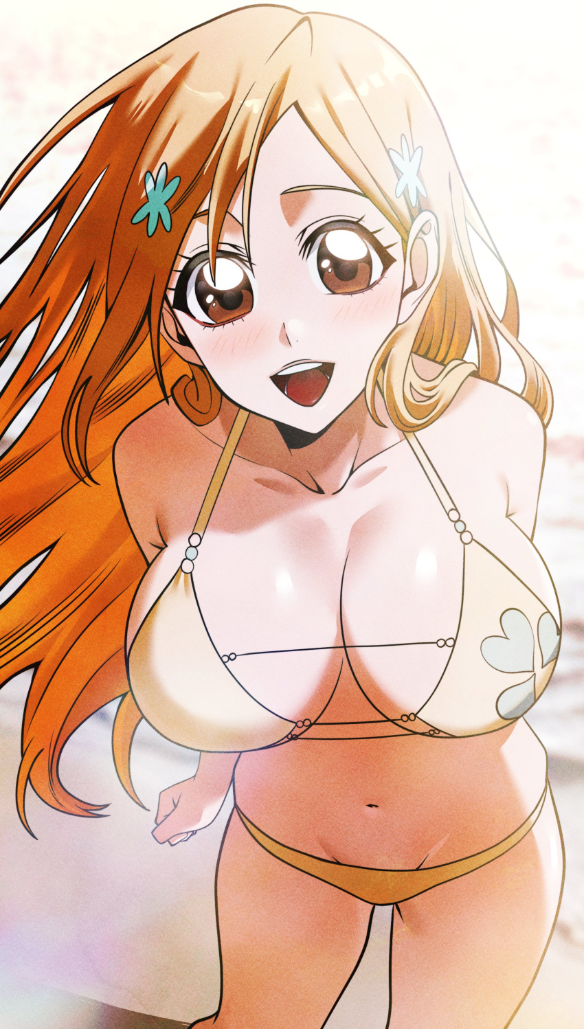 1girl, absurdres, bikini, bleach, breasts, brown_eyes, feet_out_of_frame, hair_ornament, hairpin, highres, inoue_orihime, large_breasts, long_hair, looking_at_viewer, n_(nauki_11), open_mouth, orange_hair, solo, standing, swimsuit, teeth, upper_teeth_only, white_bikini, yellow_bikini