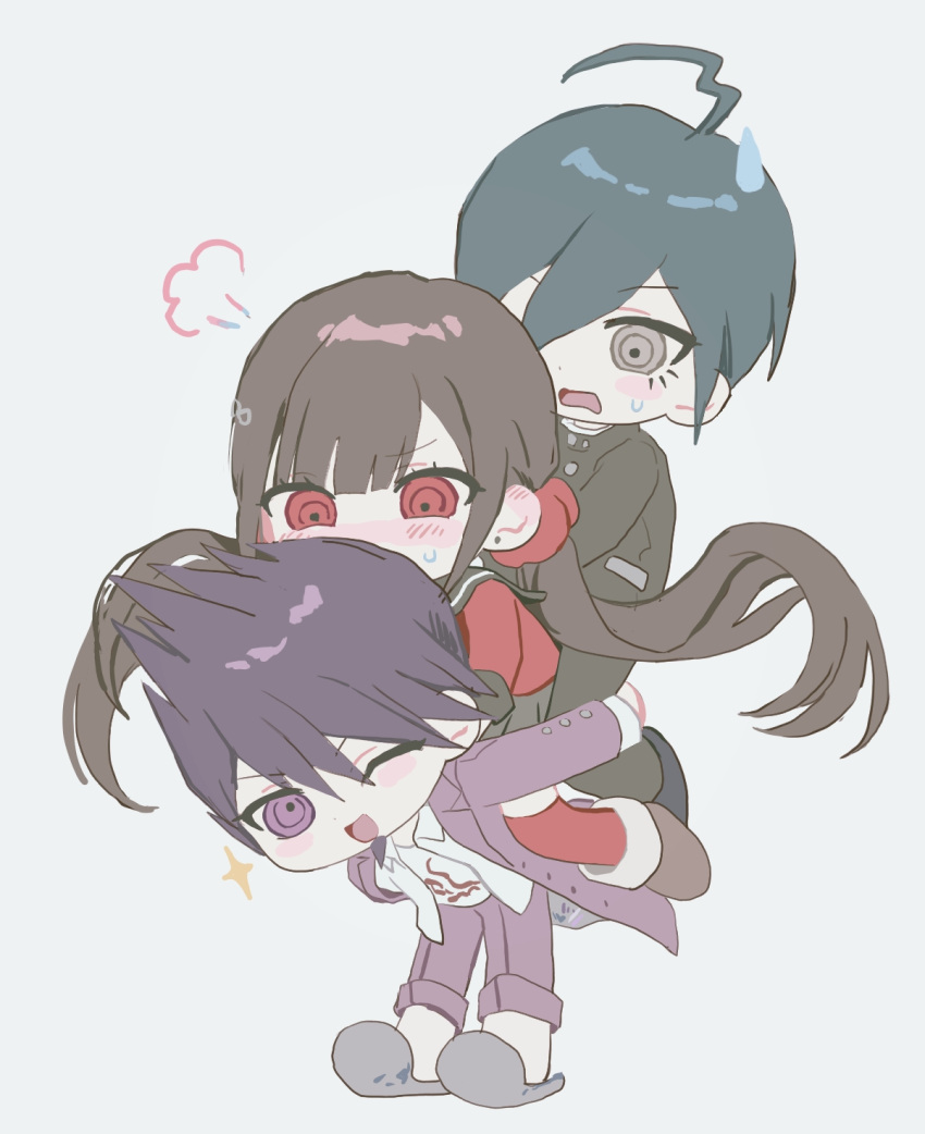 1girl, 2boys, ahoge, black_hair, black_jacket, blush, brown_eyes, brown_hair