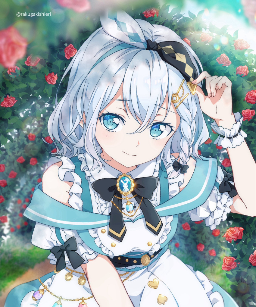 1girl, bang_dream!, bare_shoulders, blue_eyes, braid, bush, dress, flower, hair_between_eyes, hair_ornament, heart, highres, jewelry, kurata_mashiro, looking_at_viewer, rabbit, rakugakishieri, rose, rose_bush, short_hair, single_braid, solo, spade_(shape), twitter_username, upper_body, white_dress, white_hair