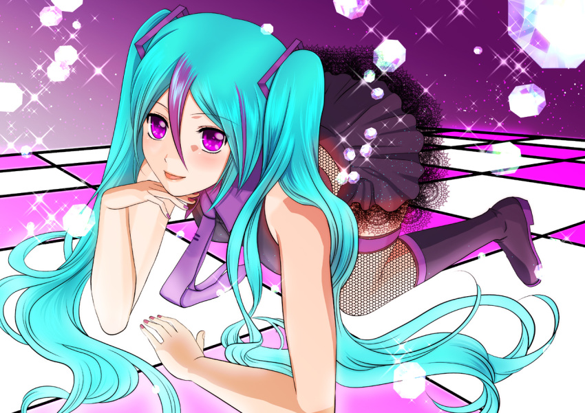 aqua_hair, boots, checkered_floor, fishnet_stockings, gems, hatsune_miku, long_hair, looking_at_viewer