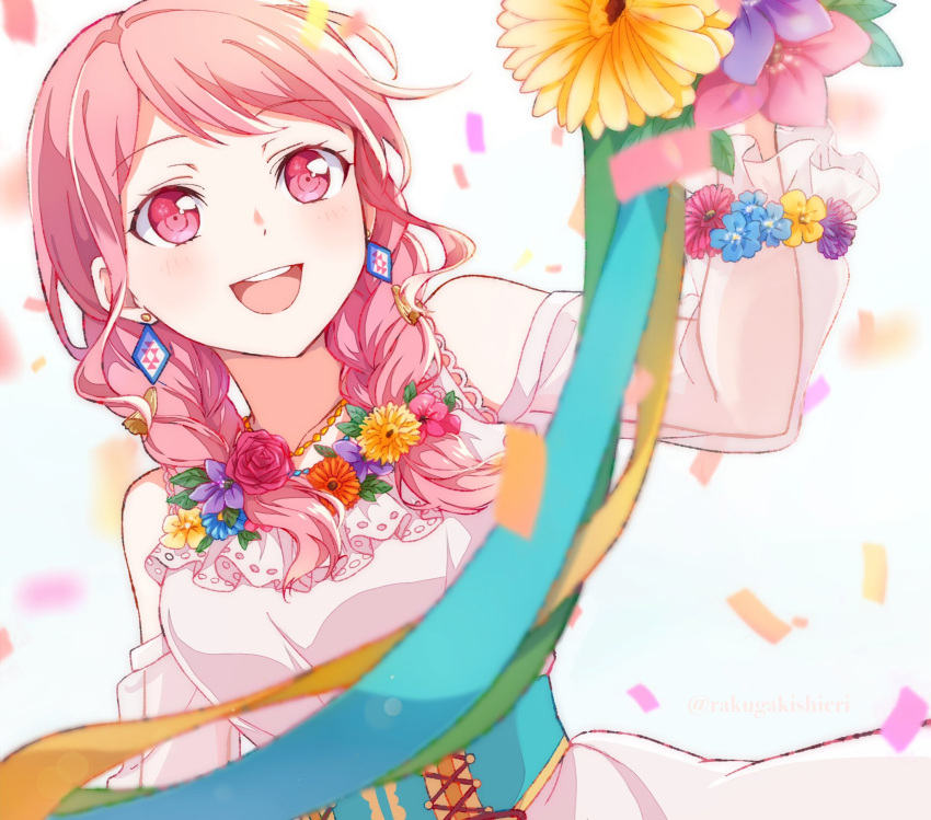 1girl, :d, bang_dream!, bare_shoulders, confetti, corset, dress, earrings
