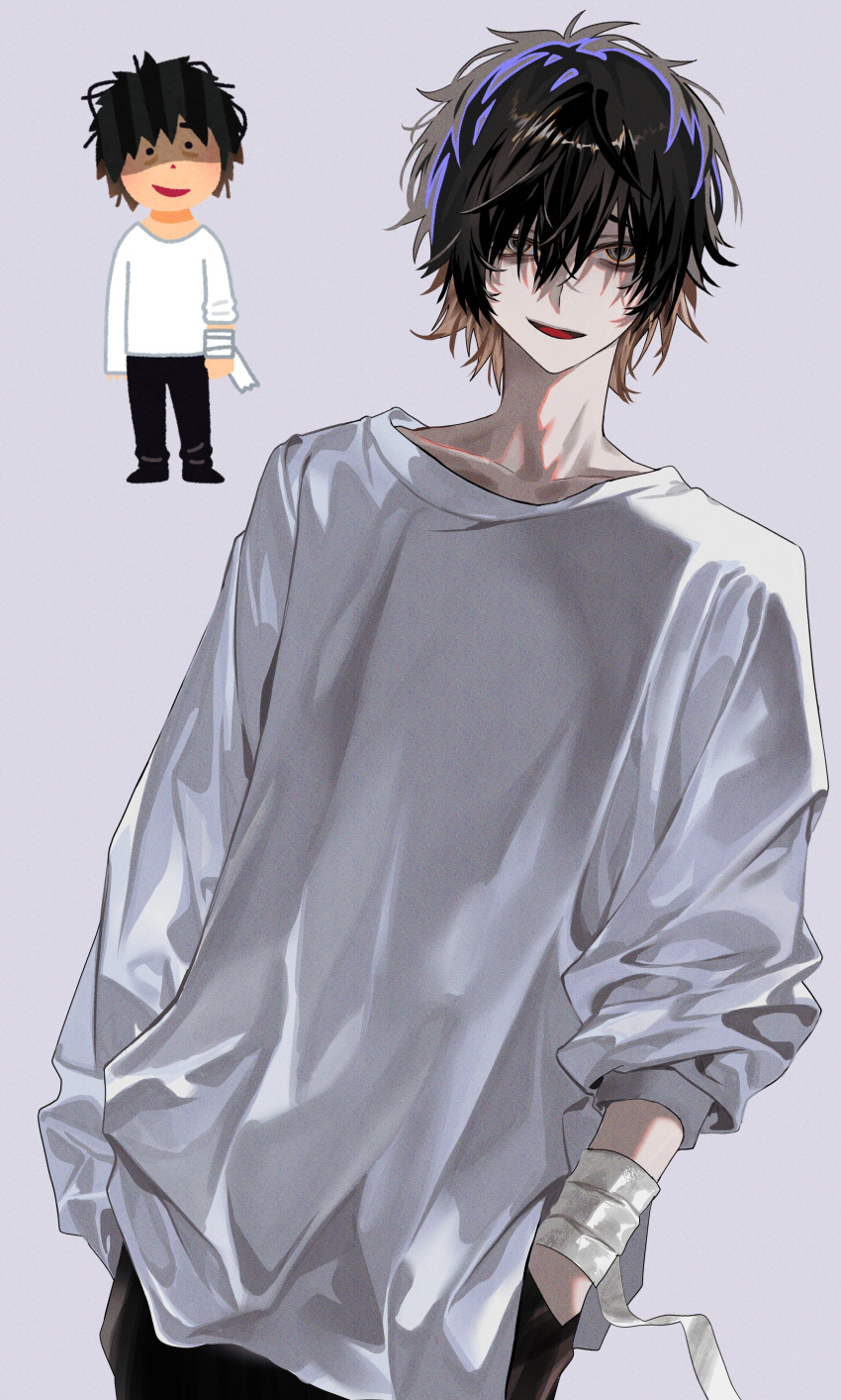 1boy, absurdres, an_d_o, bandaged_wrist, bandages, black_hair, black_pants, brown_eyes
