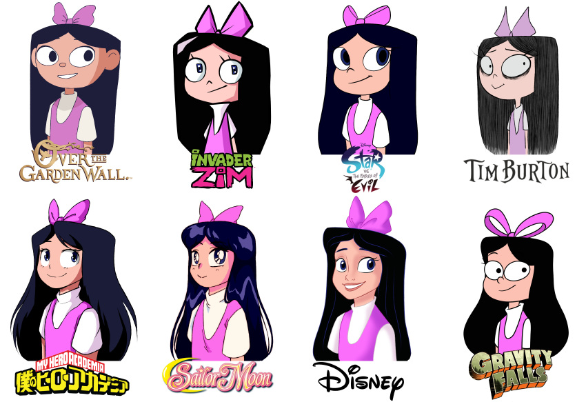 1girl, absurdres, alex_hirsch_(style), alternate_art_style, animification, bishoujo_senshi_sailor_moon, black_hair, blue_eyes, boku_no_hero_academia, bow, cartoon_network, child, daron_nefcy_(style), disney, dress, fred_moore_(style), gravity_falls, hair_bow, highres, horikoshi_kouhei_(style), invader_zim, isabella_garcia-shapiro, jhonen_vasquez_(style), les_clark_(style), long_hair, looking_at_viewer, nickelodeon, over_the_garden_wall, parody, patrick_mchale_(style), phineas_and_ferb, pink_bow, pink_dress, redhead, shirt, sleep--b, star_vs_the_forces_of_evil, takeuchi_naoko_(style), tim_burton_(style), toon_(style)