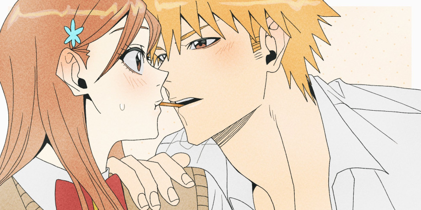 1boy, 1girl, bleach, blush, bow, brown_eyes, brown_hair, cardigan_vest, collared_shirt, food, hetero, highres, imminent_pocky_kiss, karakura_high_school_uniform, kurosaki_ichigo, lips, long_hair, looking_at_another, n_(nauki_11), orange_hair, pocky, portrait, red_bow, school_uniform, shirt, short_hair, spiky_hair, teeth, upper_teeth_only, white_shirt
