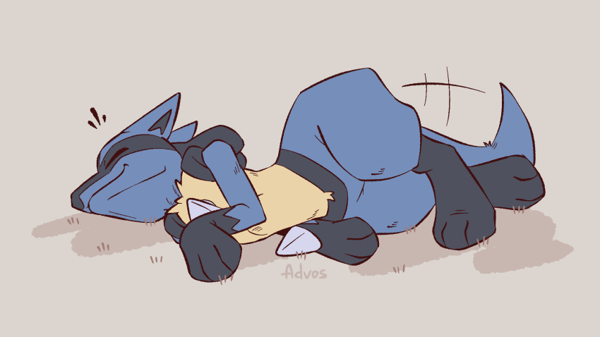 advos, black_fur, blue_fur, closed_eyes, grey_background, highres, lucario, lying