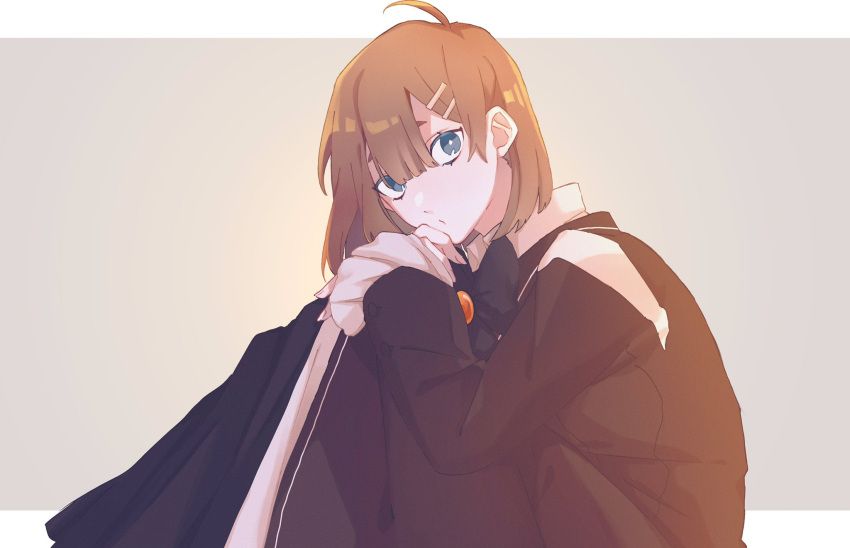 1girl, ahoge, black_dress, bow, bowtie, brooch, brown_coat, brown_hair, coat, dress, frilled_sleeves, frills, green_bow, green_bowtie, hair_ornament, hairclip, hands_up, highres, hod_(project_moon), jewelry, kinotarowow, knees_up, library_of_ruina, long_sleeves, looking_at_viewer, medium_hair, project_moon, solo