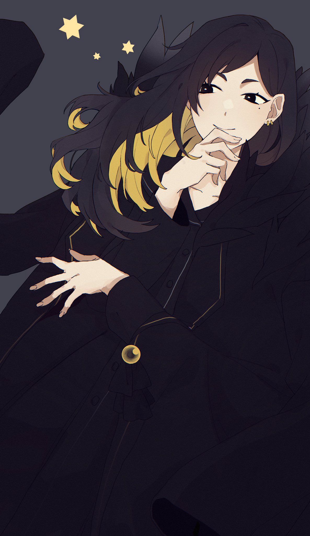 1girl, ascot, binah_(project_moon), black_ascot, black_background, black_dress, black_eyes, black_hair