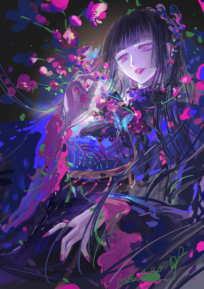 1girl, abstract, abstract_background, absurdres, black_hair, bug, butterfly, dated