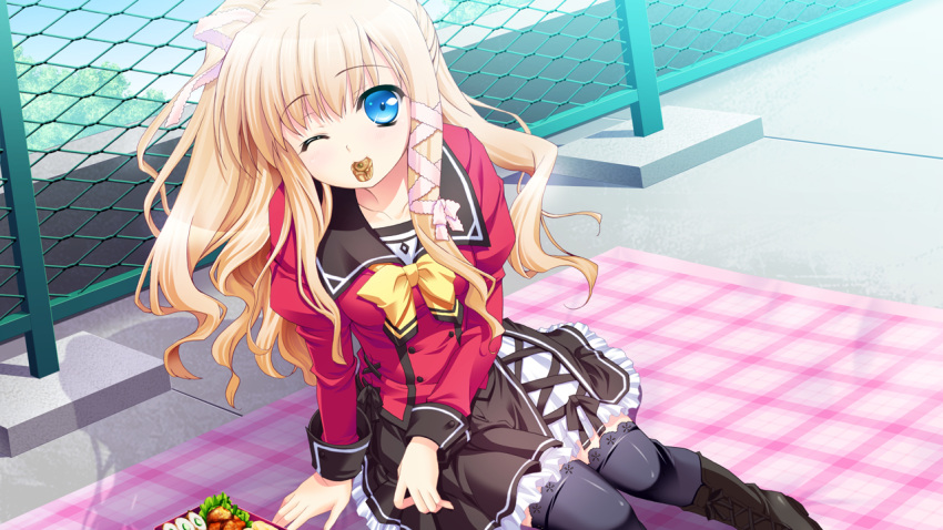 akashi_kokoro, blonde_hair, blue_eyes, food, game_cg, minase_lin, orange_memories, purple_software