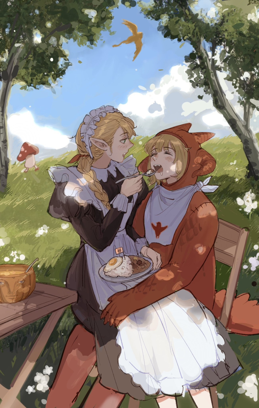 2girls, animal_costume, apron, bib, black_dress, blonde_hair, blush, bow