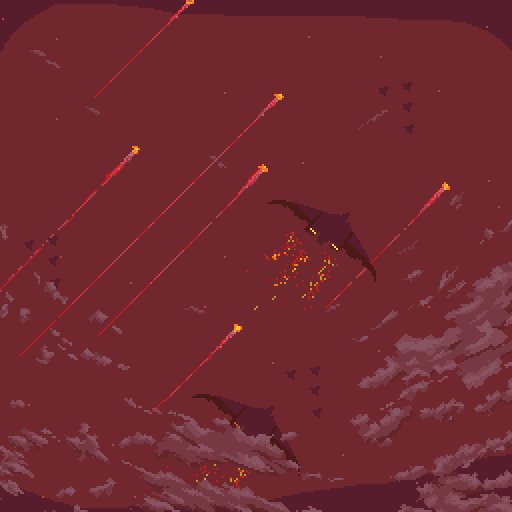 aircraft, airplane, bomber, clouds, cloudy_sky, english_commentary, fighter_jet, flying, mikecraftz, military, military_vehicle, no_humans, outdoors, pixel_art, project_wingman, red_sky, sky, vehicle_focus