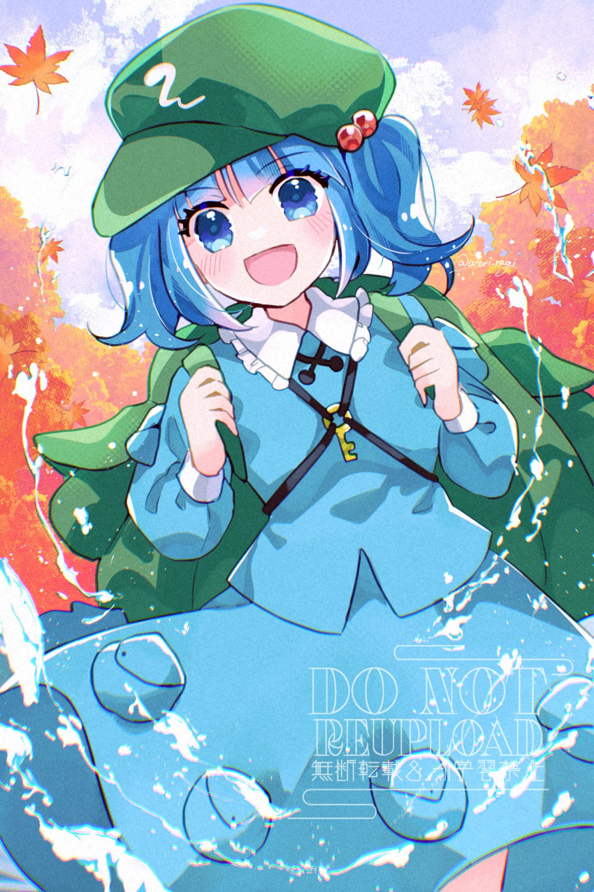 1girl, :d, autumn_leaves, backpack, bag, blue_eyes, blue_hair, blue_shirt