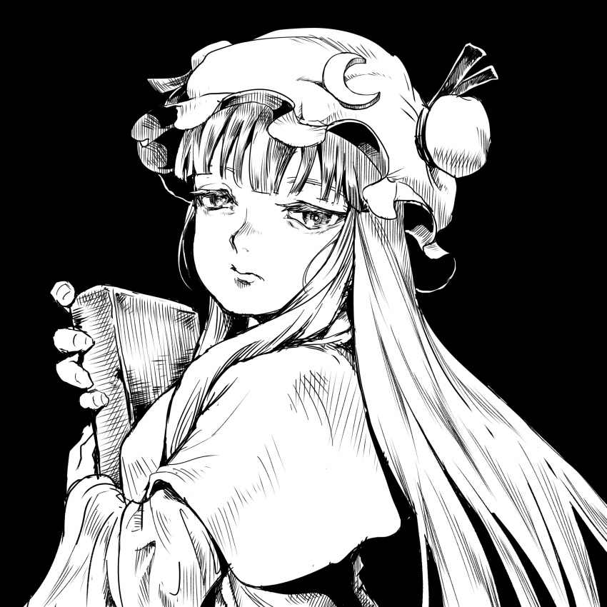 1girl, blunt_bangs, book, capelet, closed_mouth, crescent, crescent_hat_ornament, expressionless