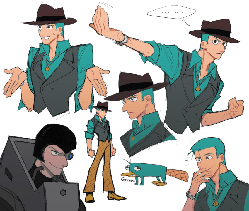 ..., 1boy, aqua_eyes, aqua_hair, blue_eyes, chi_zhenjiao, dual_persona, fedora