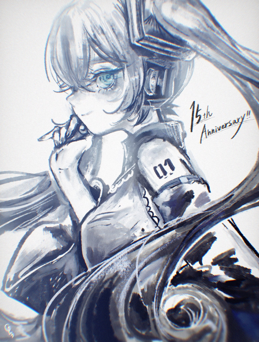 1girl, aqua_eyes, bare_shoulders, black_sleeves, closed_mouth, collared_shirt, detached_sleeves, english_text