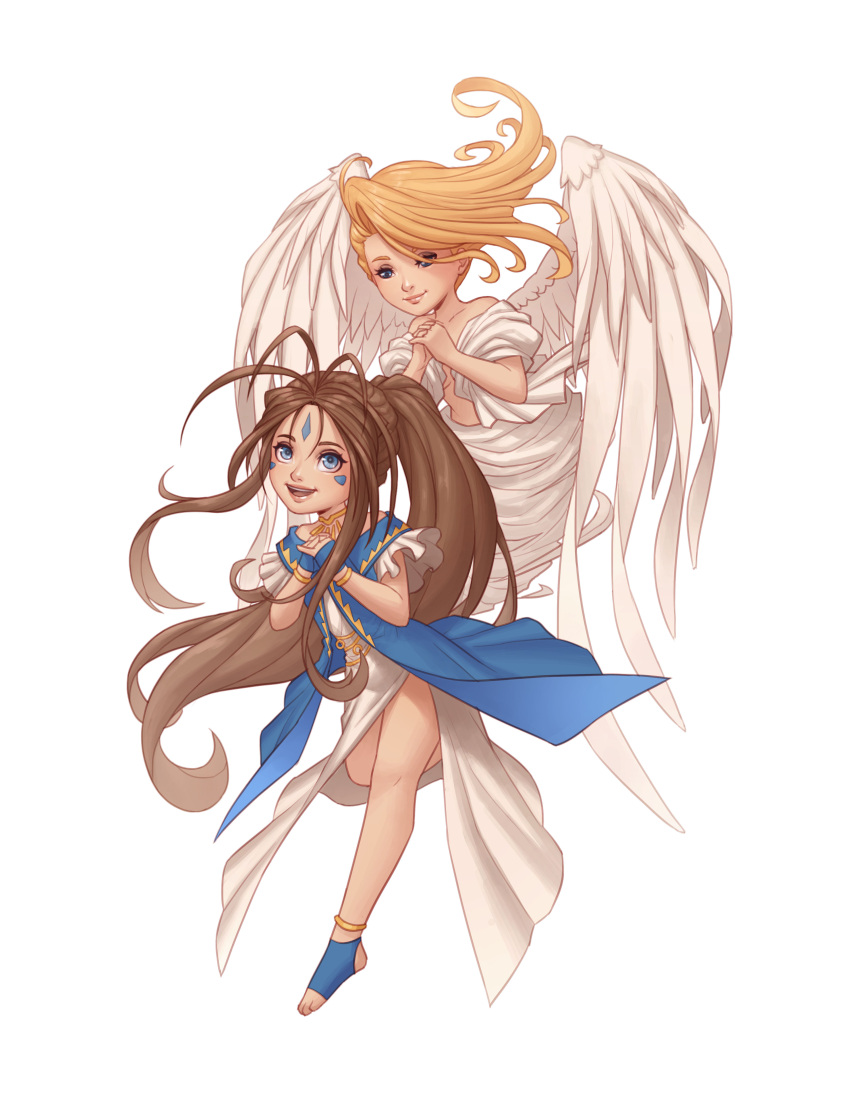 2girls, aa_megami-sama, absurdres, angel, angel_wings, belldandy, blonde_hair, blue_dress