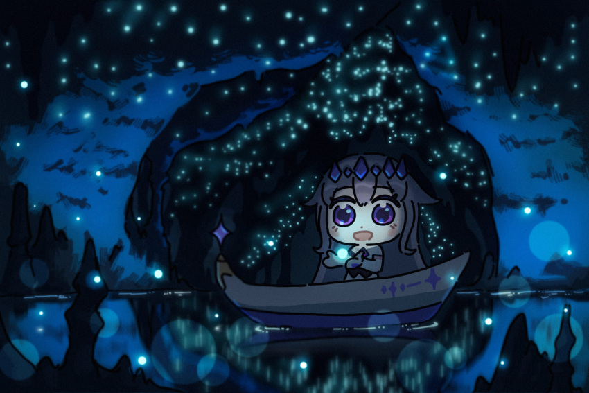 1girl, bing_huyue, boat, bridal_gauntlets, cave, cave_interior, chest_jewel, chibi, circlet, english_commentary, gem, gem_hair_ornament, highres, hololive, hololive_english, koseki_bijou, koseki_bijou_(1st_costume), lake, long_hair, new_zealand, open_mouth, purple_gemstone, purple_hair, reflection, reflective_water, violet_eyes, virtual_youtuber, waitomo_glowworm_caves, water, watercraft, white_bridal_gauntlets