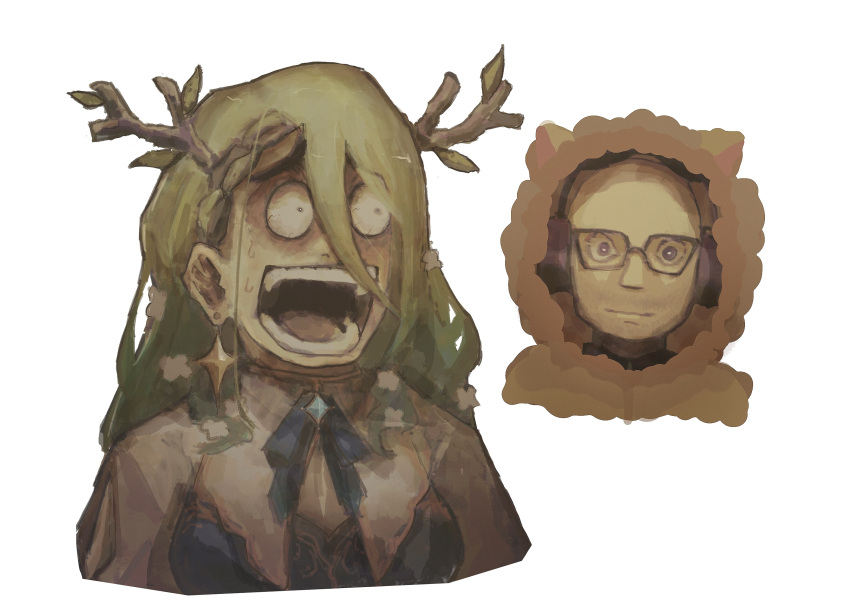 1boy, 1girl, absurdres, antsplorer, bald, blue_ribbon, ceres_fauna, closed_mouth