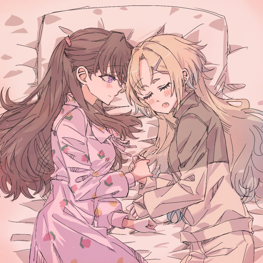 2girls, blonde_hair, blue_hair, blush, brown_hair, brown_pants, brown_shirt, closed_eyes