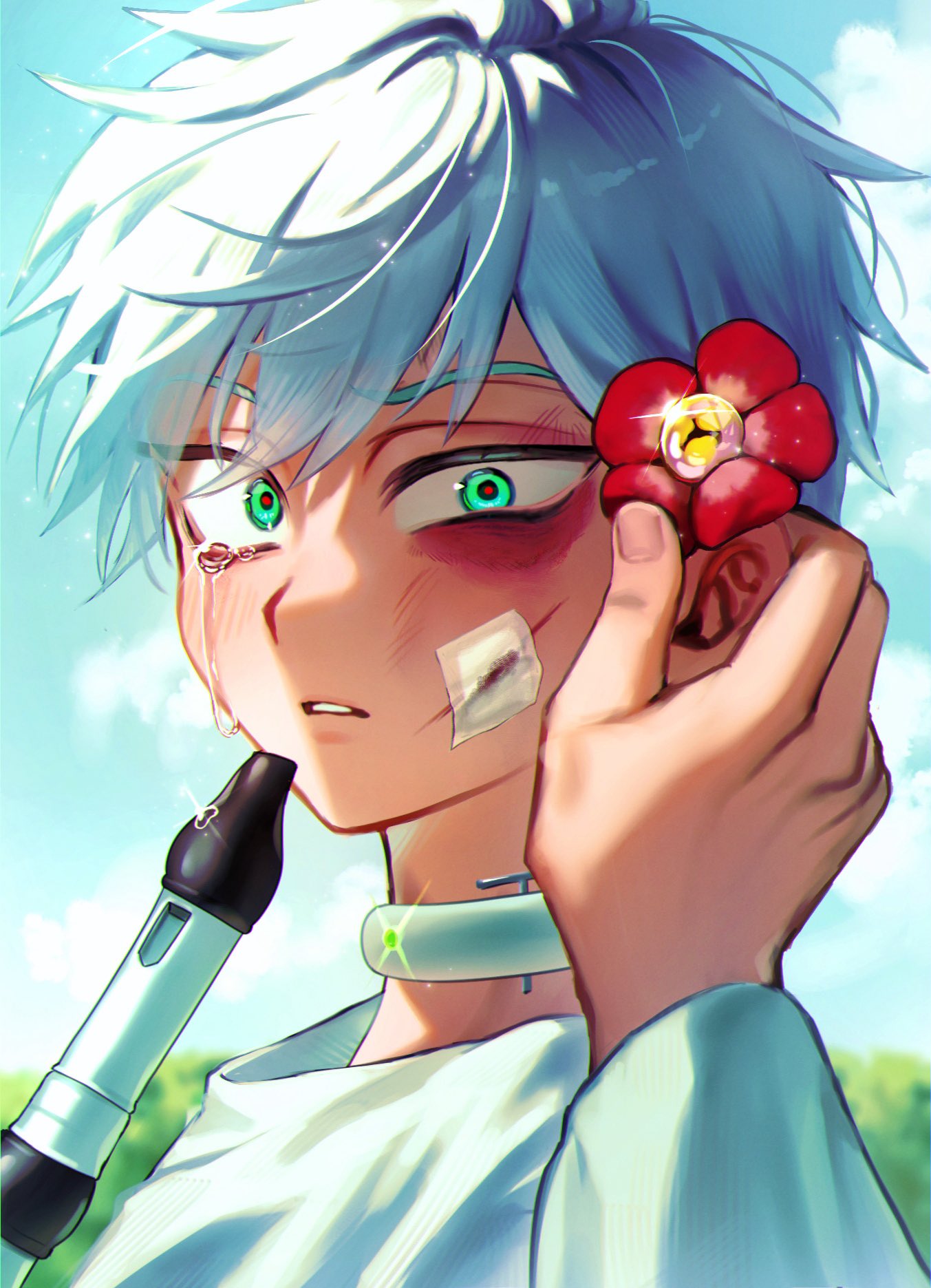 2boys, 7eiaq3939, alien_stage, aqua_eyes, birthday, blue_sky, bruise, bruised_eye