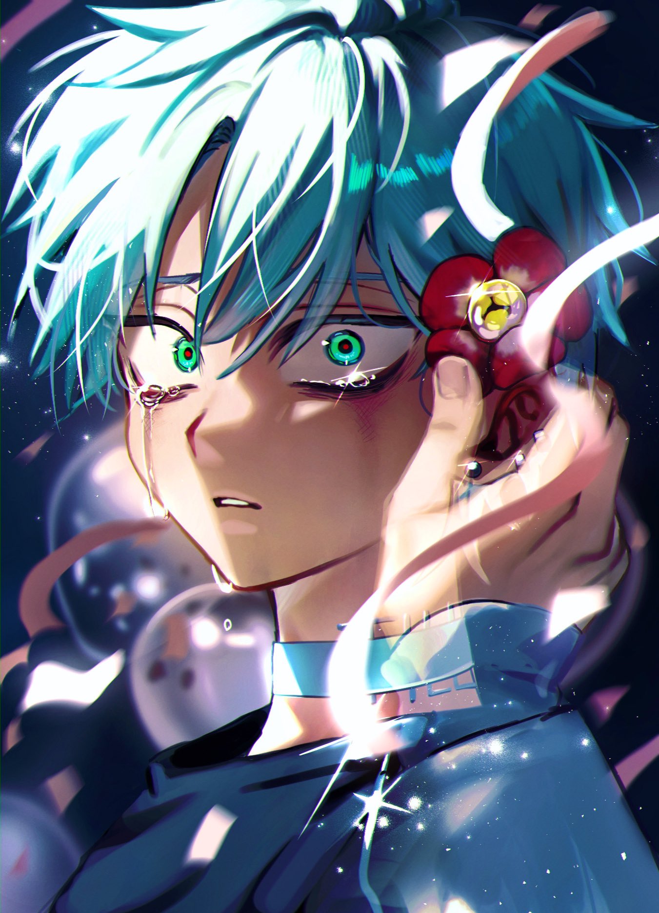 2boys, 7eiaq3939, alien_stage, aqua_eyes, birthday, black_shirt, choker, commentary_request