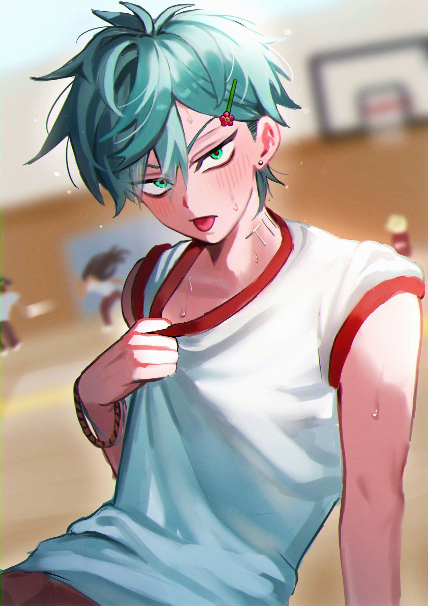 1boy, 7eiaq3939, alien_stage, aqua_eyes, basketball_hoop, blush, bracelet, collar_tug