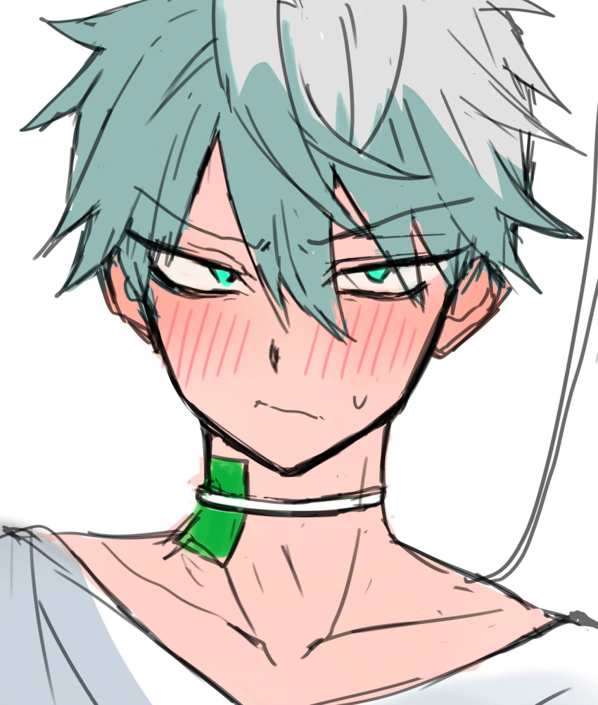 1boy, 7eiaq3939, alien_stage, aqua_eyes, blush, choker, commentary_request, grey_hair