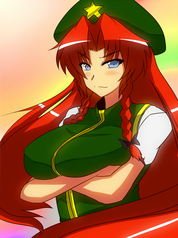 blue_eyes, blush, braid, breast_hold, breasts, crossed_arms, hat, hong_meiling