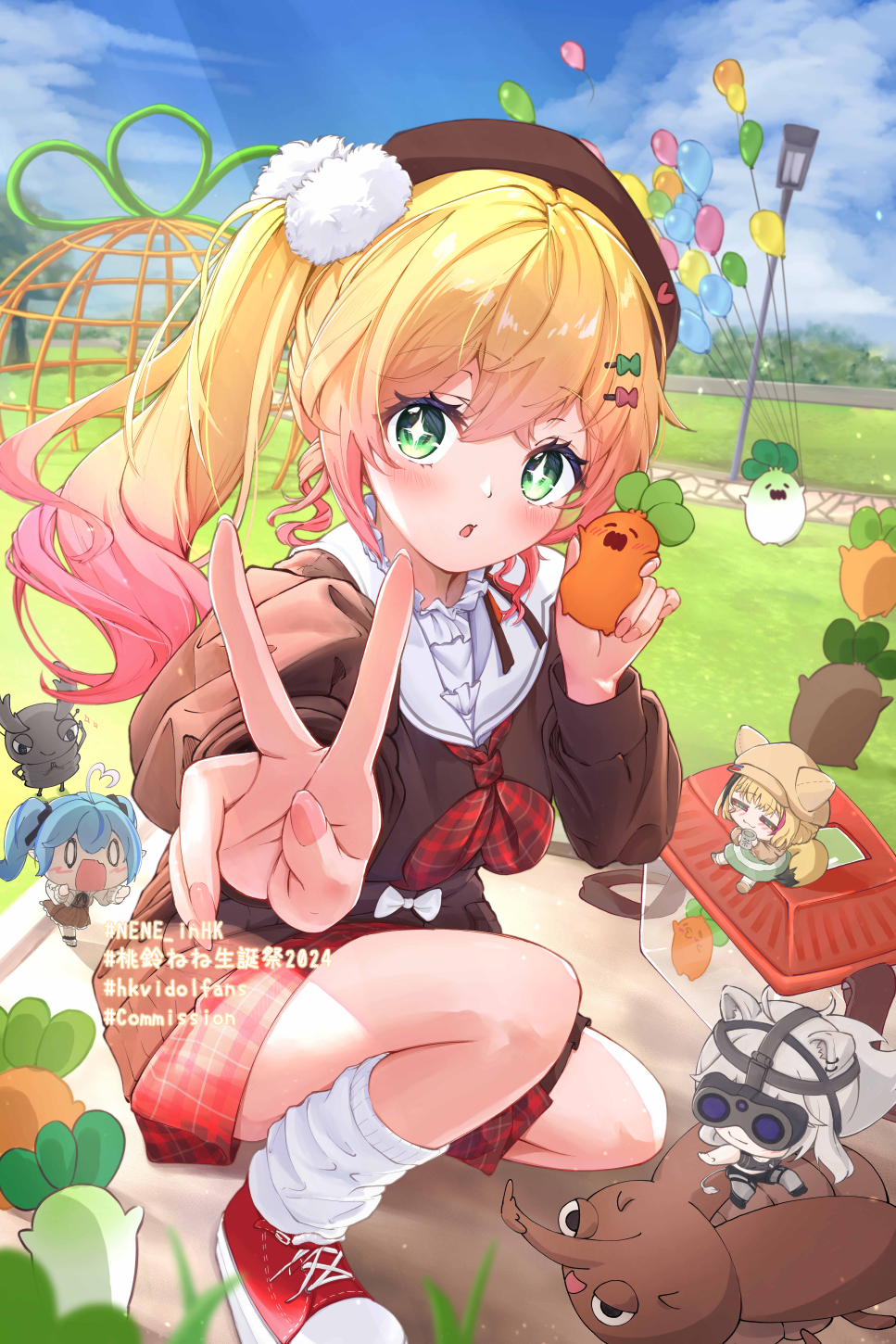 +_+, 1girl, amakumo517, balloon, beetle, blonde_hair, blurry, blurry_foreground