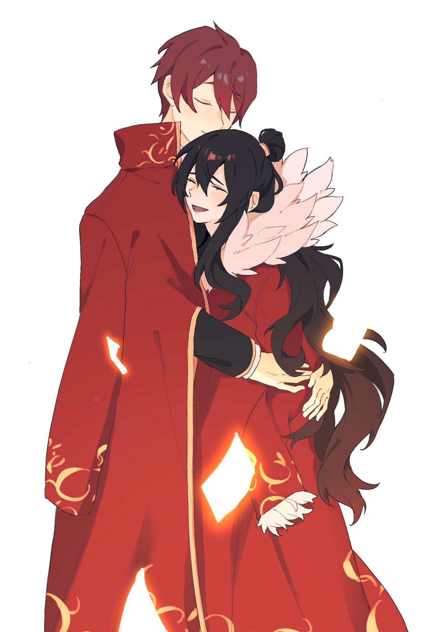 1boy, 1girl, black_hair, closed_eyes, closed_mouth, coat, coat_on_shoulders, cowboy_shot