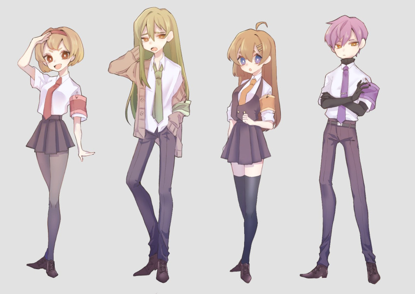2boys, 2girls, ahoge, black_pantyhose, black_skirt, blue_eyes, brown_cardigan, brown_eyes