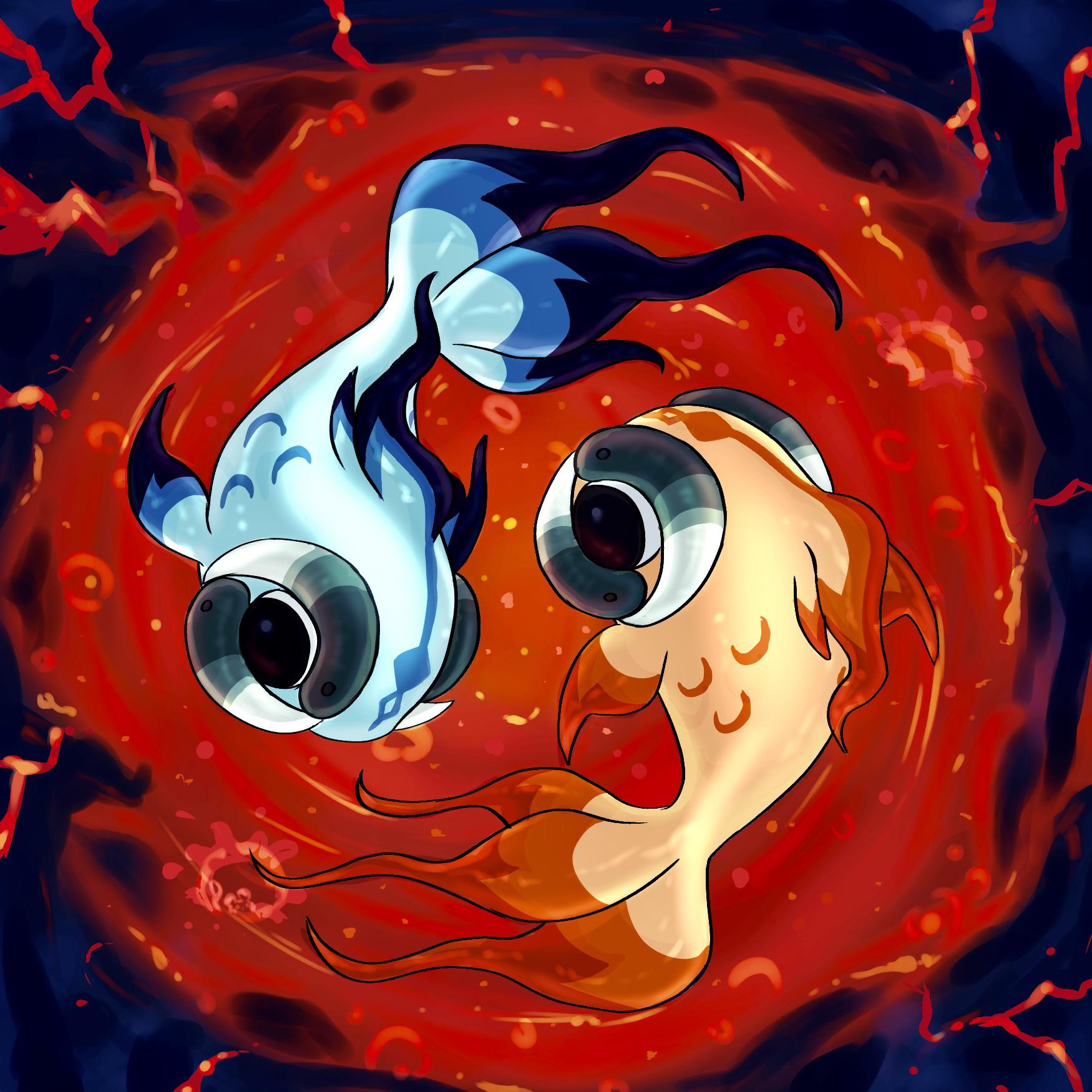alternate_color, animal_focus, barri10, black_eyes, chi-yu_(pokemon), commentary, english_commentary, fins, fish, full_body, head_fins, highres, lava, no_humans, official_alternate_color, pisces_(zodiac), pokemon, pokemon_(creature), shiny_and_normal, shiny_pokemon, swimming, zodiac