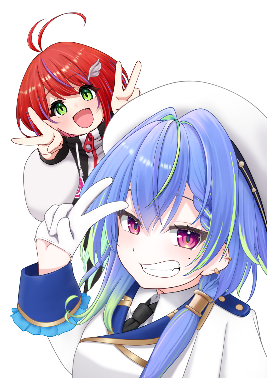 2girls, absurdres, akane_canna, akane_canna_(2nd_costume), antenna_hair, black_coat, black_necktie, blue_hair