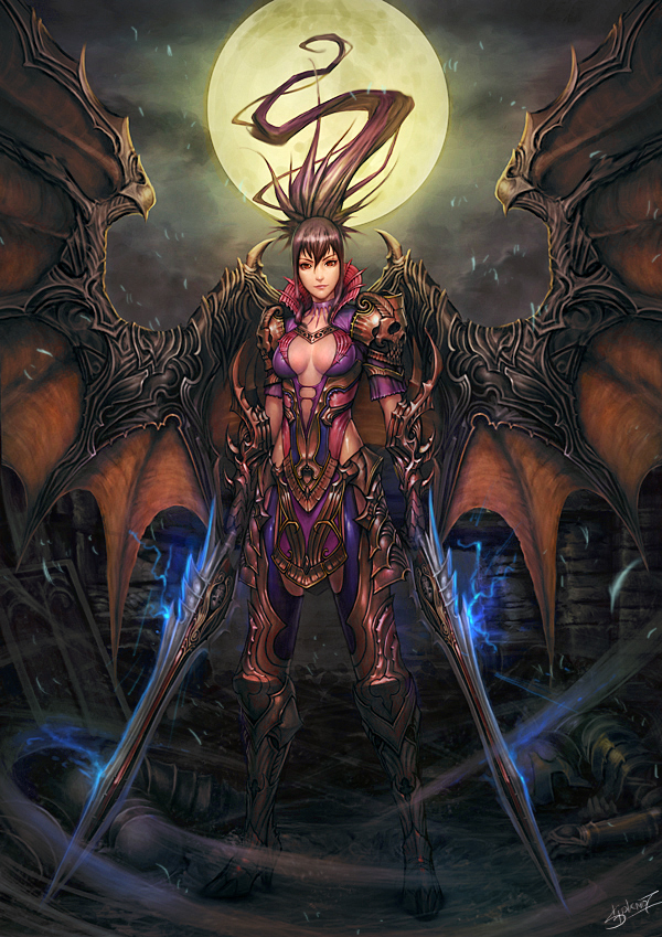 breasts, center_opening, cleavage, demon_wings, dual_wielding, full_moon, gotgituey, moon, original, signature, solo, sword, weapon, wings