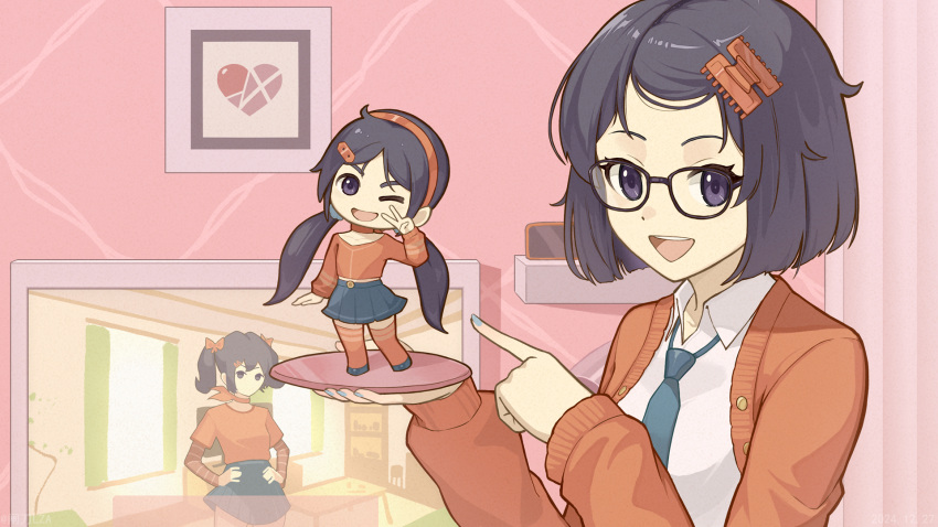 2d_mita_(miside), blue_nails, cardigan, chibi, chibi_mita_(miside), glasses, hair_ornament, hairband
