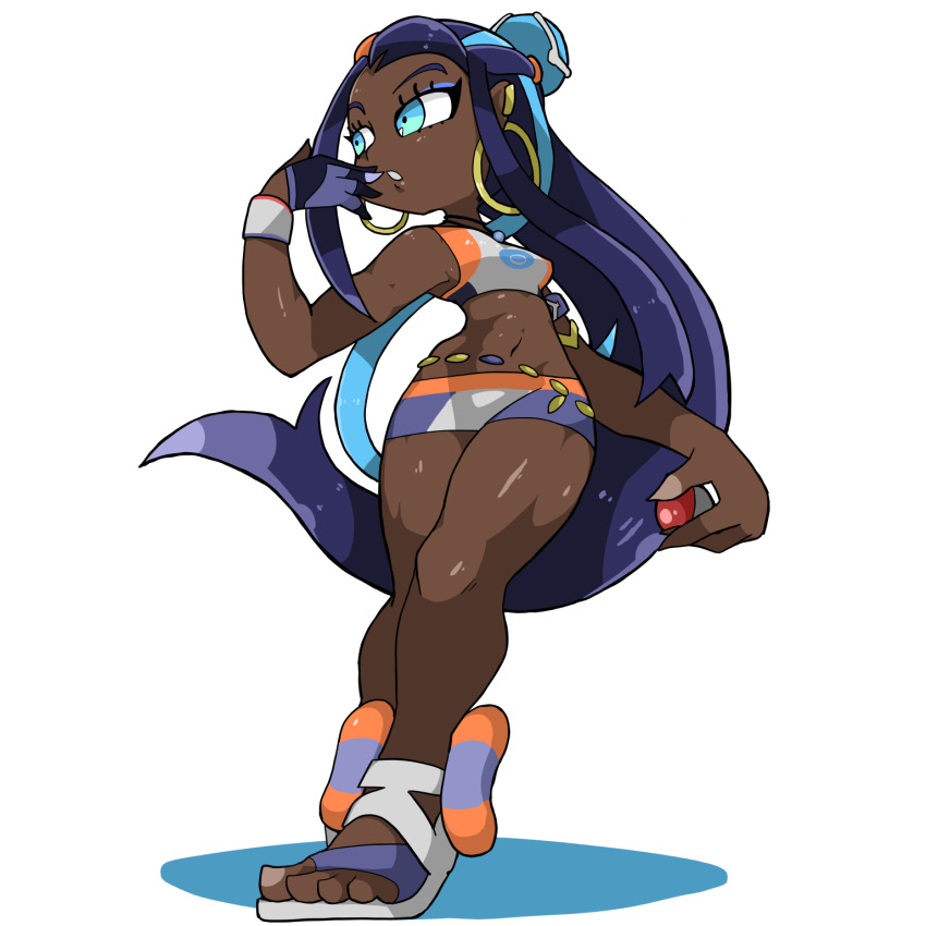 1girl, belly_chain, bikini, blue_eyes, blue_eyeshadow, blue_hair, dark-skinned_female, dark_skin