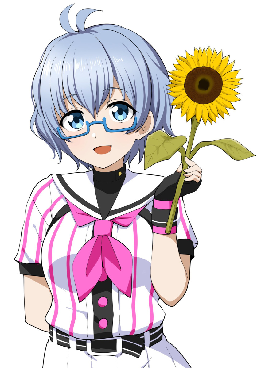 1girl, :d, aqua_eyes, arm_behind_back, barkhorn0331, baseball_uniform, belt, belt_buckle
