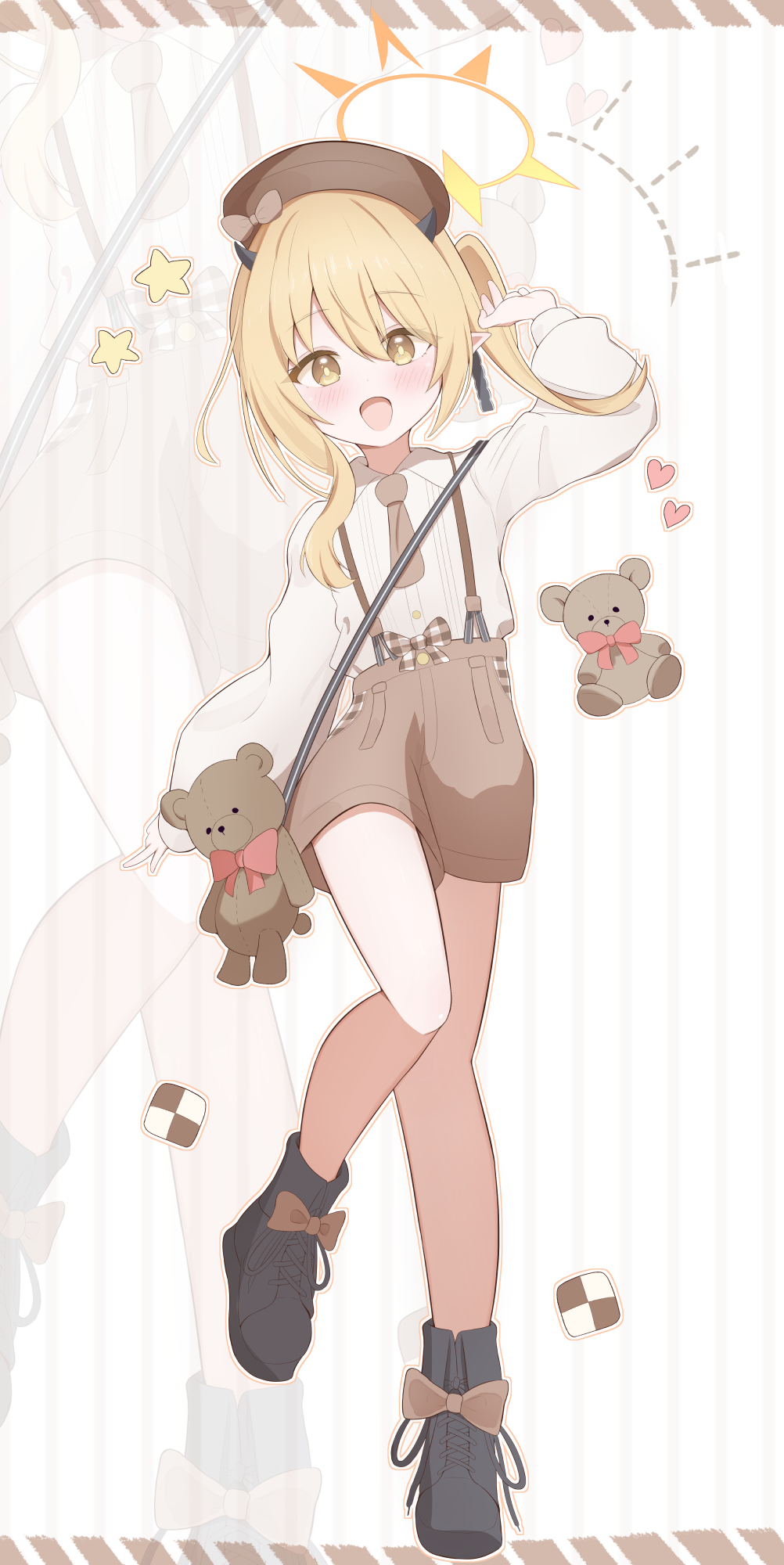 1girl, :d, alternate_costume, beret, black_footwear, black_horns, black_ribbon, blonde_hair