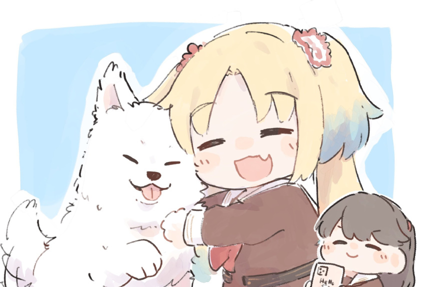 2girls, animal, animal_hug, ao_kaeru, blonde_hair, blue_hair, brown_hair, cellphone