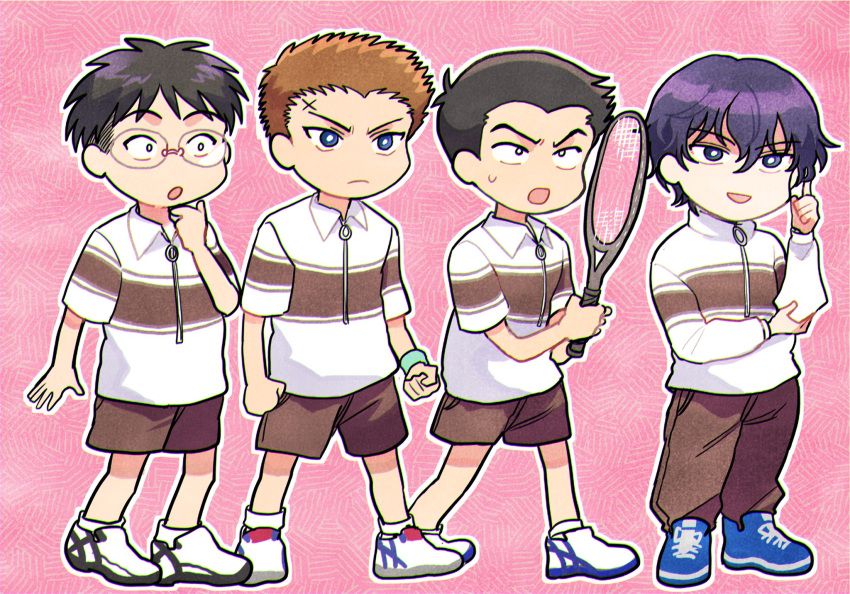 4boys, :o, black_hair, blue_eyes, blue_hair, bright_pupils, brown_hair, brown_pants