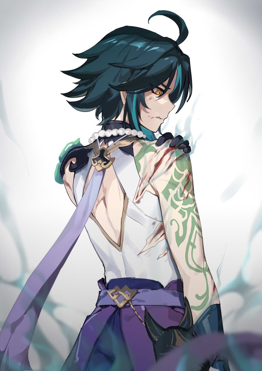 1boy, absurdres, arm_tattoo, back_cutout, black_gloves, black_pants, blood, blood_on_shoulder