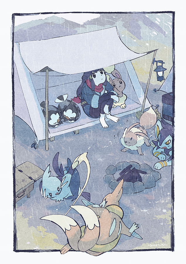 1girl, akari_(pokemon), barefoot, bird, black_hair, border, brown_fur, buneary
