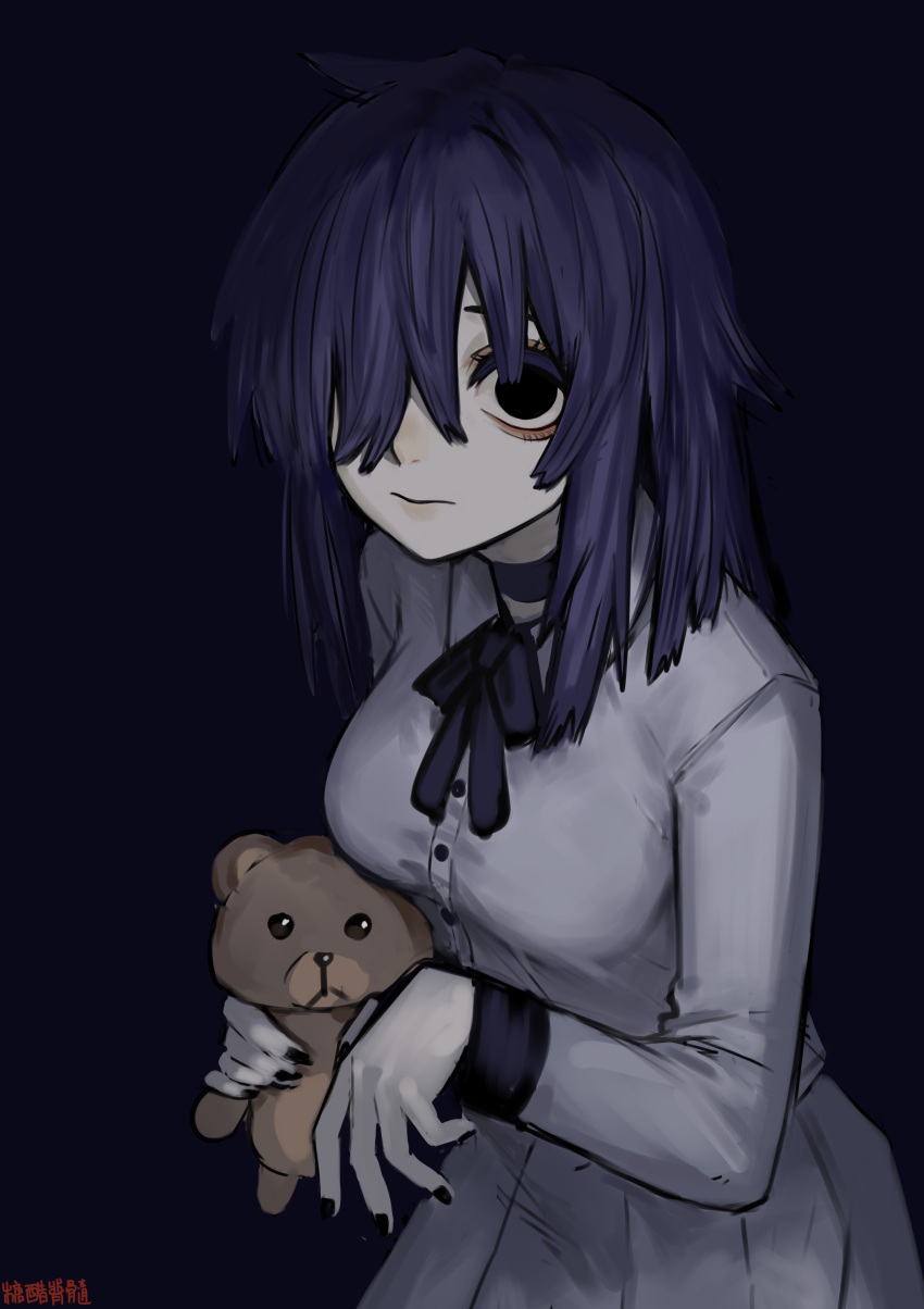 1girl, absurdres, black_background, black_eyes, black_nails, blue_hair, bow, breasts, choker, commentary_request, creepy_mita_(miside), dress, hair_over_one_eye, highres, long_hair, long_sleeves, looking_at_viewer, medium_breasts, miside, no_pupils, simple_background, solo, stuffed_animal, stuffed_toy, tangcujisui, teddy_bear, translation_request, white_dress