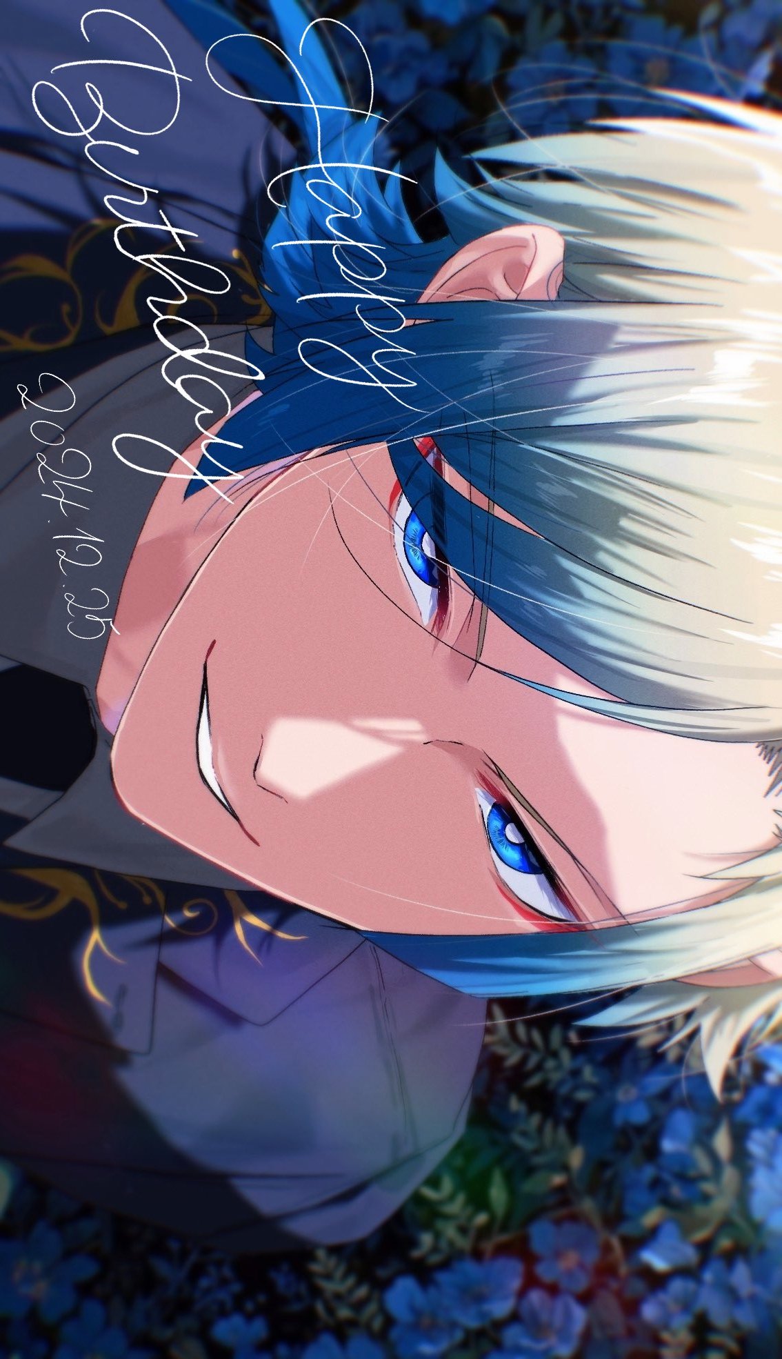 1boy, bl_111252, blonde_hair, blue_eyes, blue_flower, blue_hair, blue_jacket, blue_lock