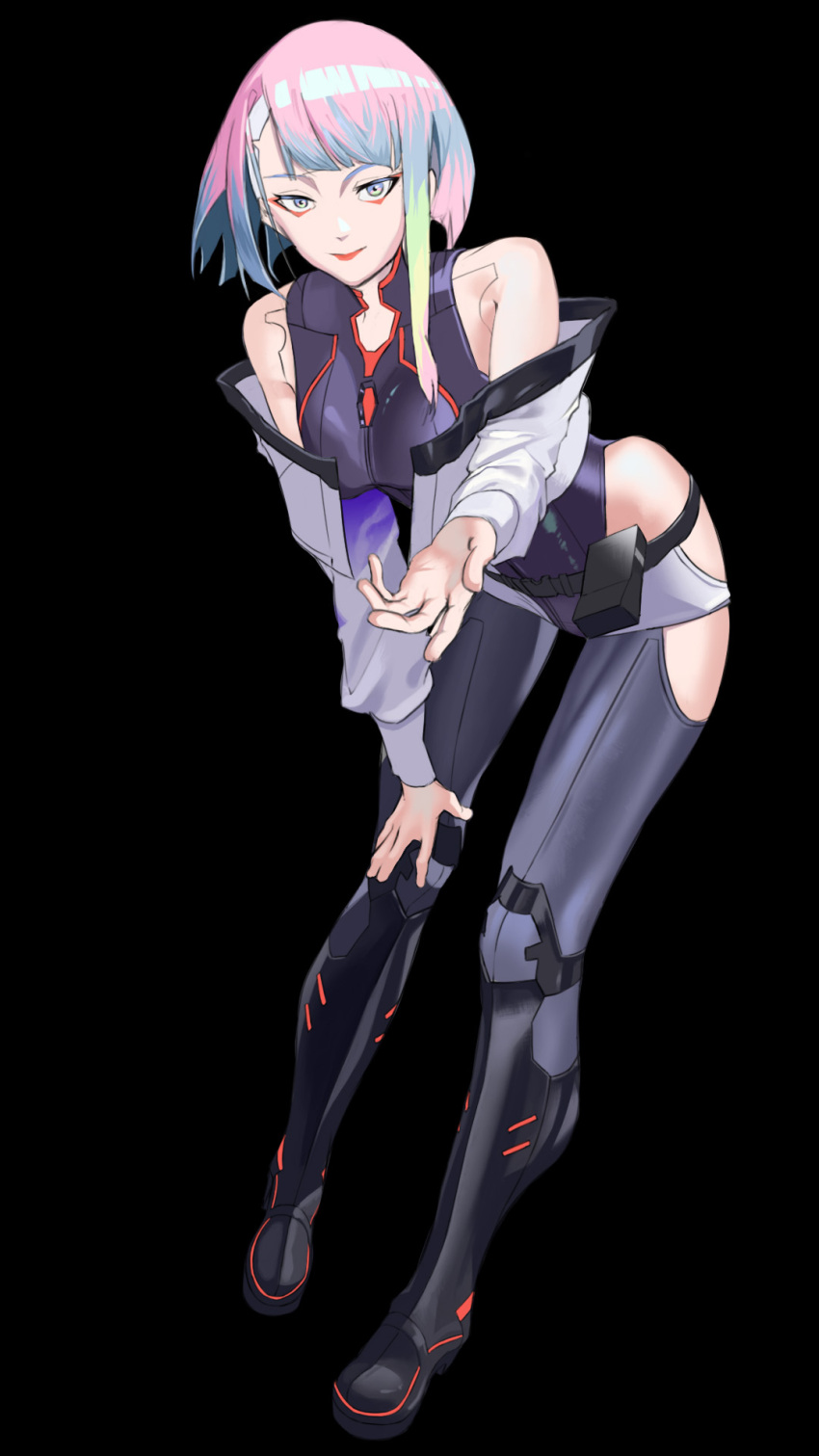1girl, bare_shoulders, breasts, cyberpunk, cyberpunk_(series), cyberpunk_edgerunners, dress, eyeliner