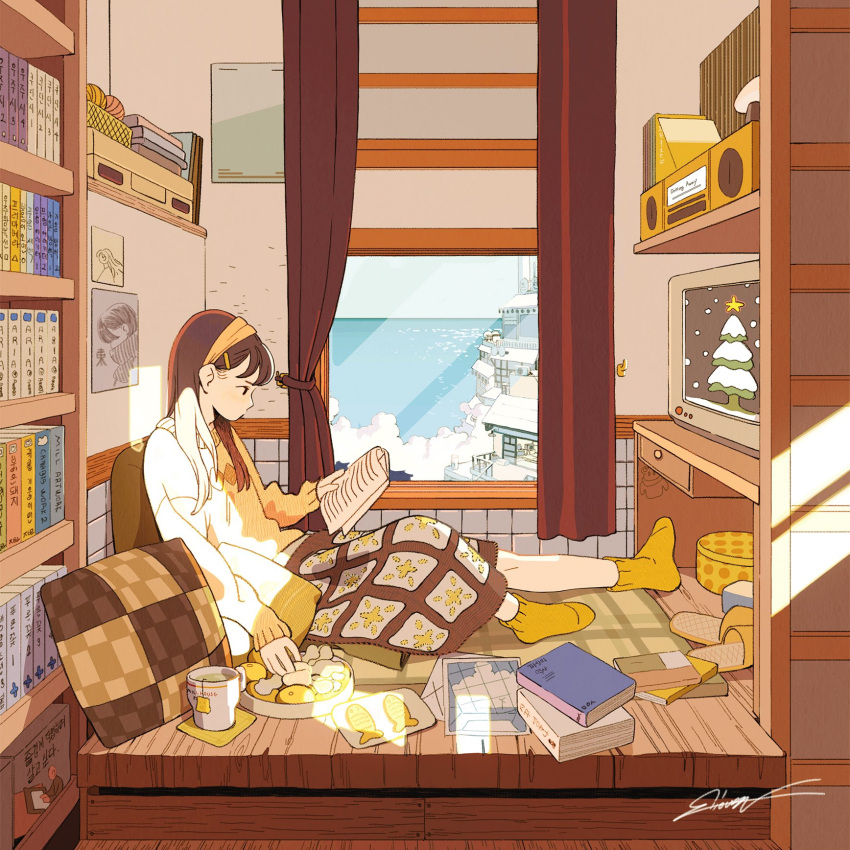 1girl, bookshelf, brown_hair, christmas_tree, crt, from_side, hair_ornament, hairclip