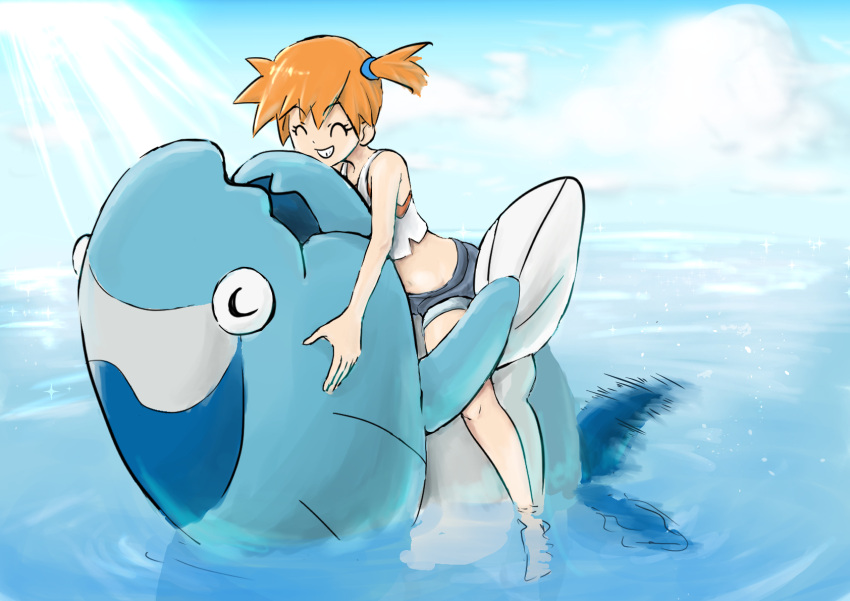 1girl, arctovish, blue_shorts, blue_sky, closed_eyes, clouds, denim, denim_shorts