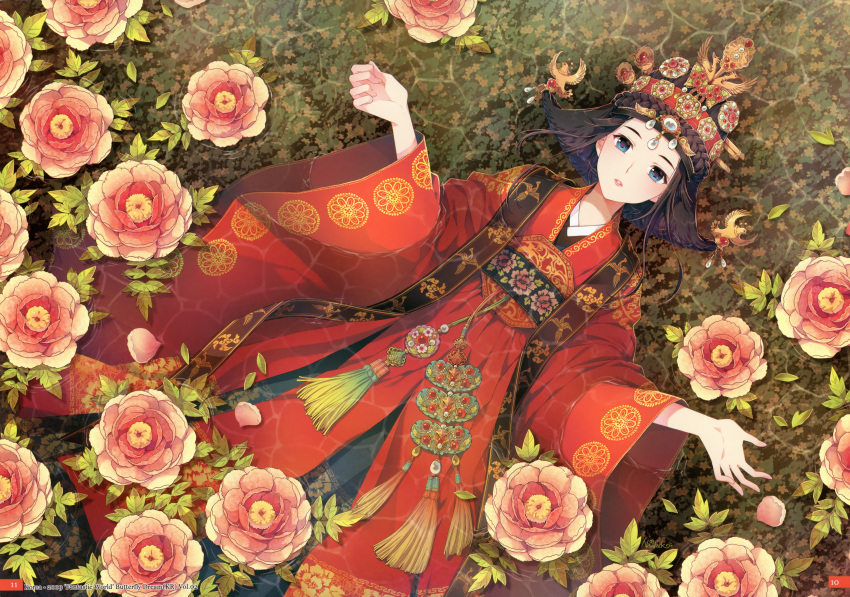 black_hair, blue_eyes, flower, hanbok, highres, korea, korean, korean_clothes, nardack, original, short_hair, solo, submerged, water