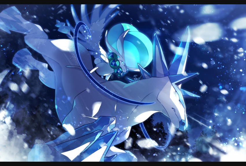 blurry, calyrex, calyrex_(ice_rider), commentary_request, from_side, glastrier, glowing, highres